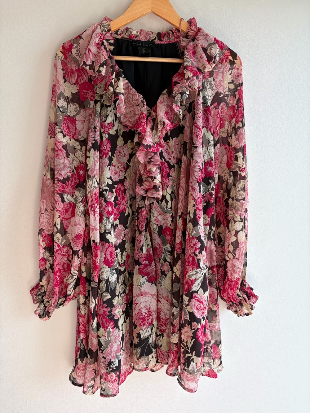 House of Harlow 1960 Pink Black Floral Ruffle Long Sleeve Dress